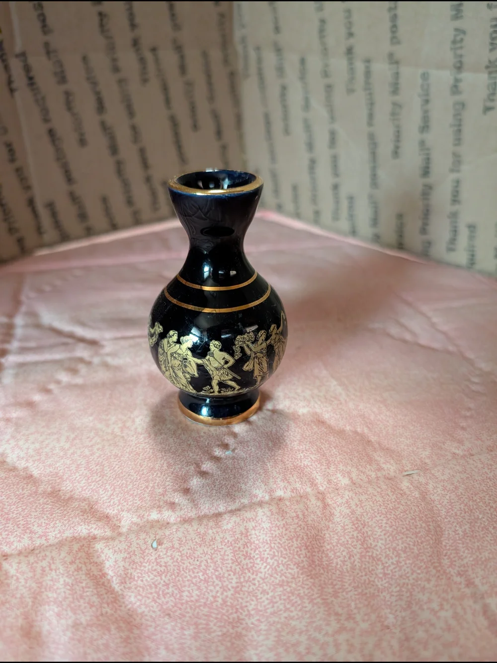 Hand-Painted Black and 24 Kt Gold Decorative Vase - Classic Mythic Figures